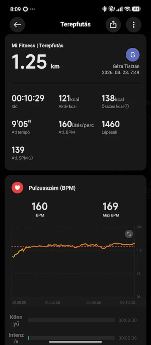 első terepfutás 1.25 km pulzus adatok futás közben okoseszköz mérés