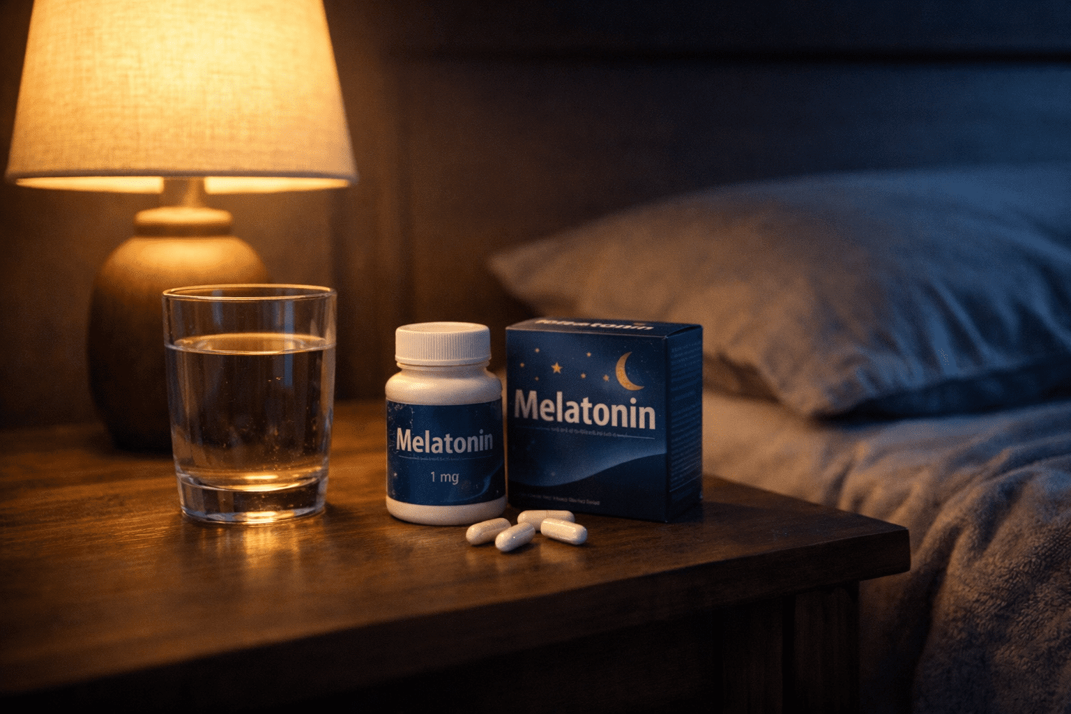 melatonin kapszula és víz az éjjeliszekrényen alvás segítésére diéta alatt