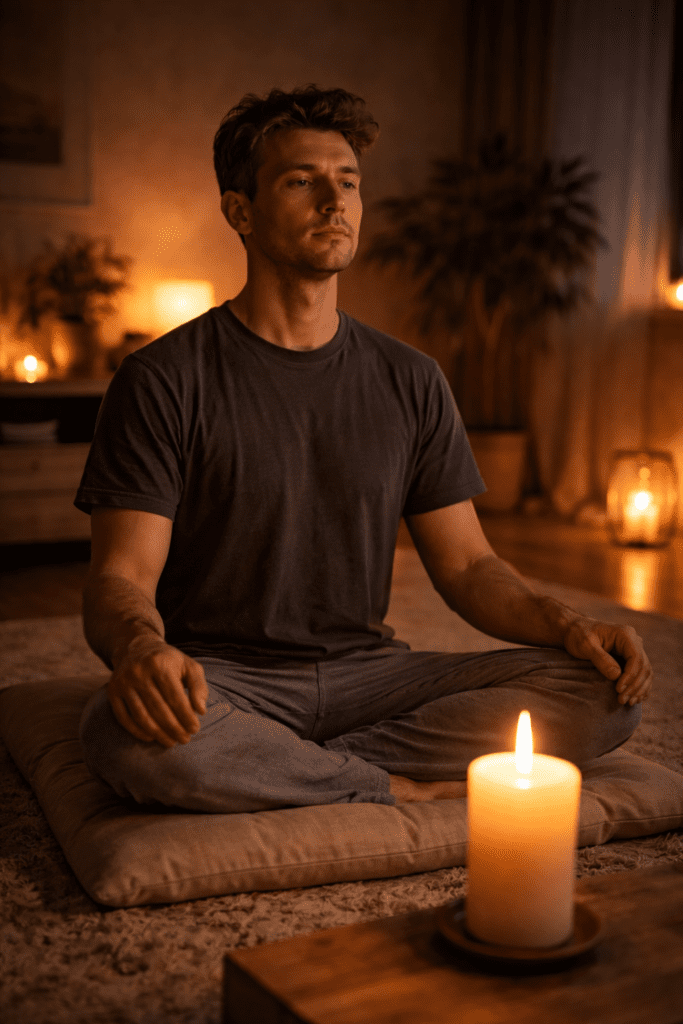 gyertyaláng meditáció közben ülő férfi egy csendes szobában