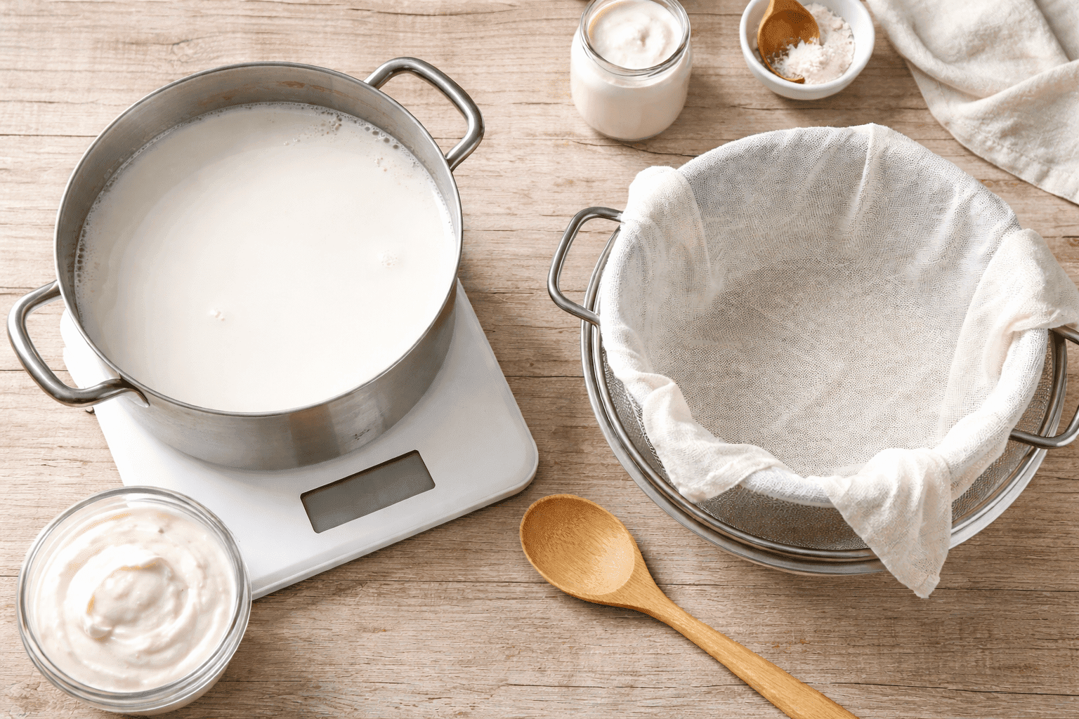 házi joghurt készítése fazék tejjel, textil szűrővel és digitális mérleggel