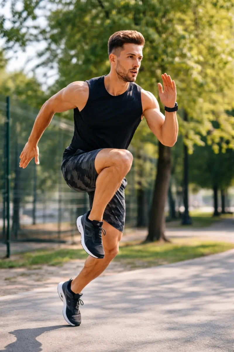 HIIT edzés közben sprintelő férfi magas intenzitású mozgás során