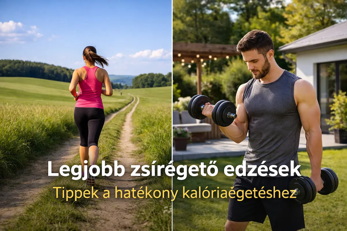 Nő fut zöld mezőn és férfi súlyzóval edz otthon a kertben