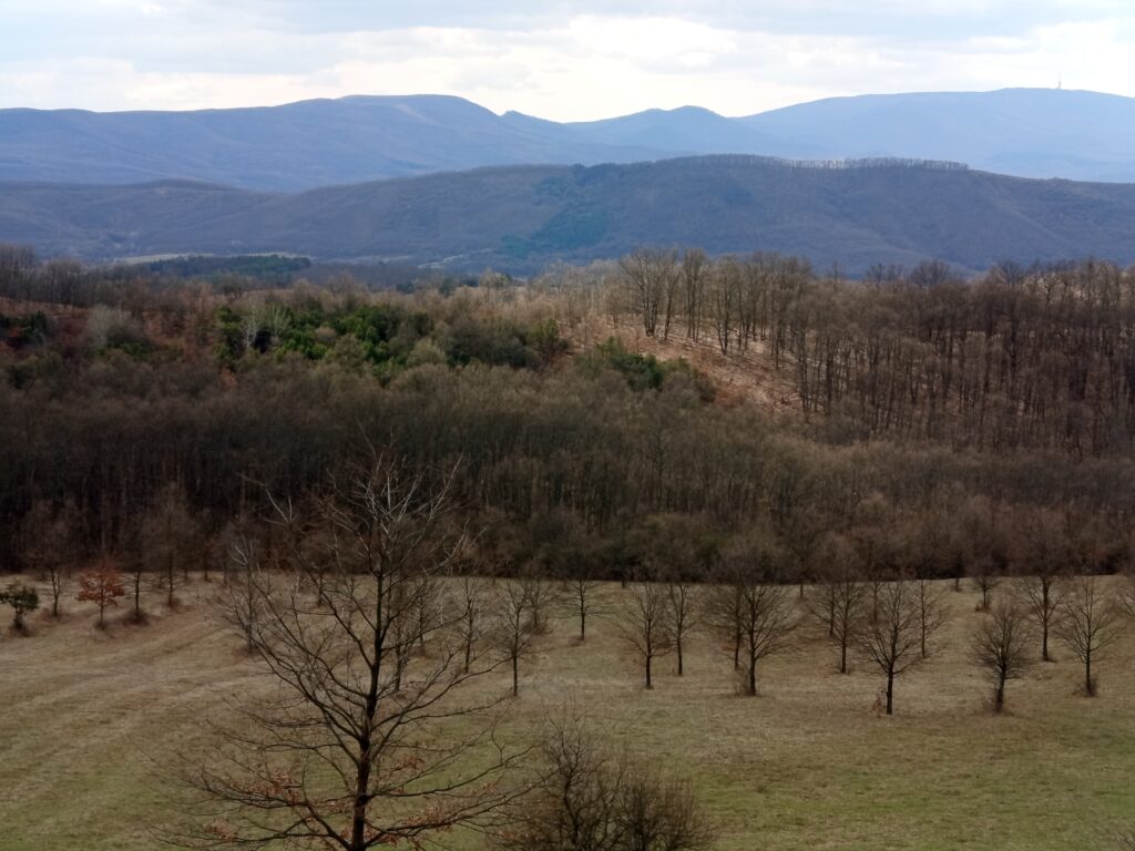 Mátra hegység panoráma Sirok közelében mezőkkel és erdőkkel túrázás közben