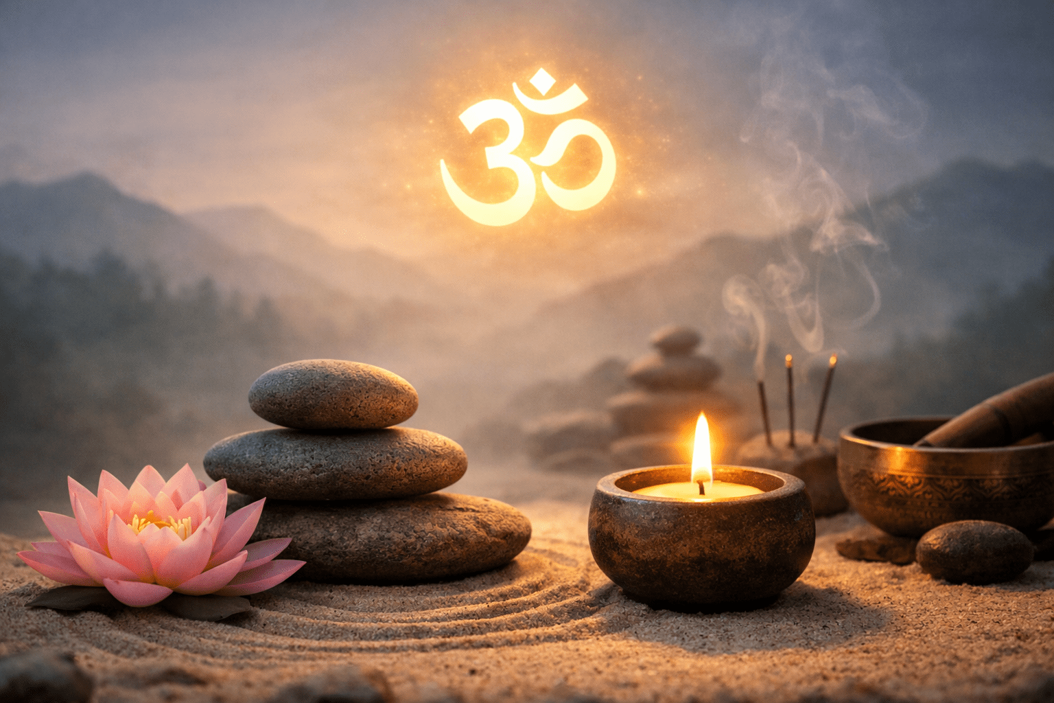 meditációt jelképező gyertyaláng és zen kavicsok homokban nyugodt környezetben