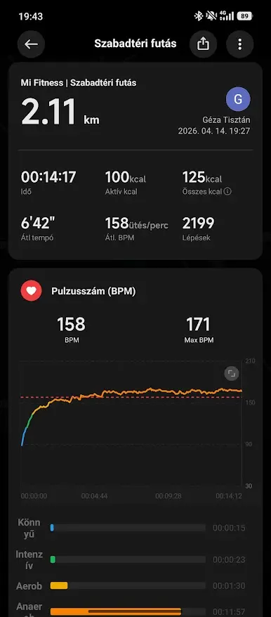 2 km futás fejlődés pulzus adatokkal edzés közben