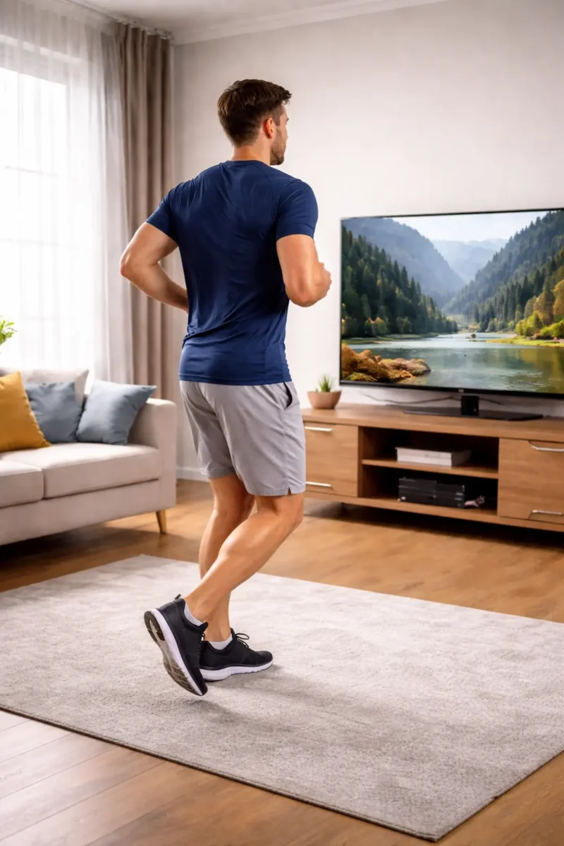helyben futás tévé előtt nappaliban
